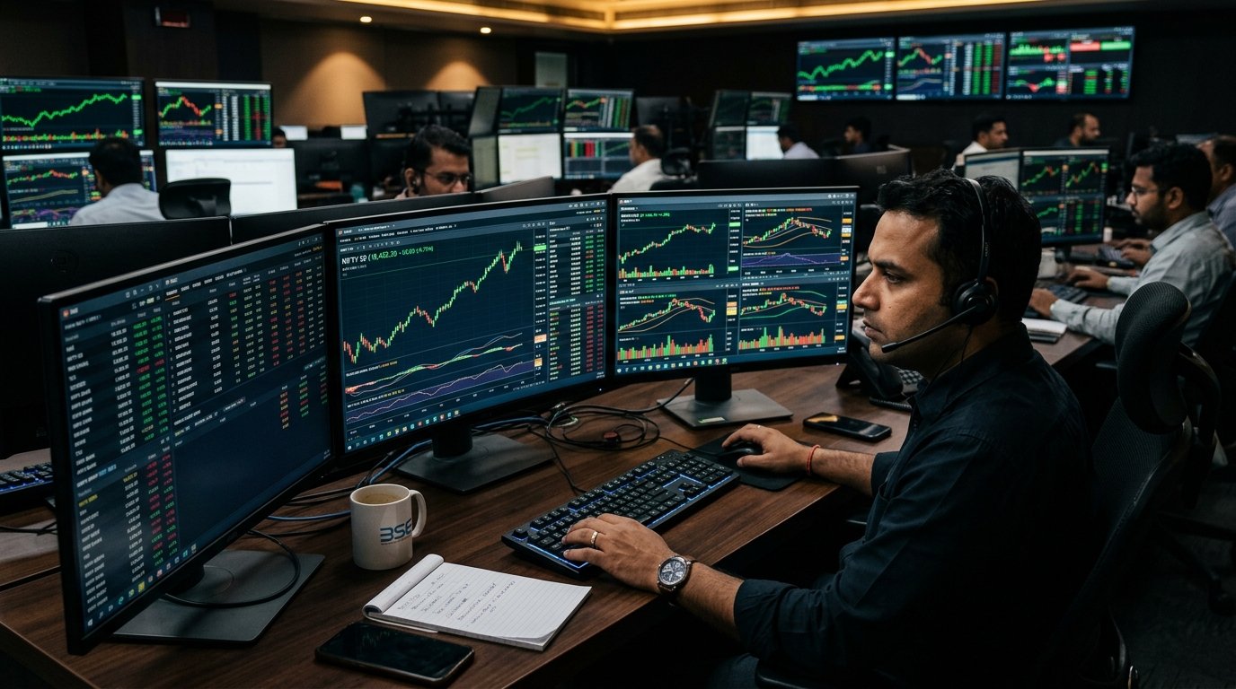 Professional financial traders inspecting market data and candlestick charts in a trading control center